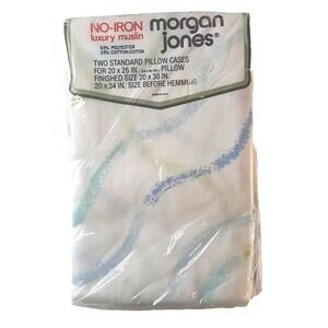Vtg NOS Morgan Jones 80s 2 Standard Pillowcases Muslin Retro White Blue Green